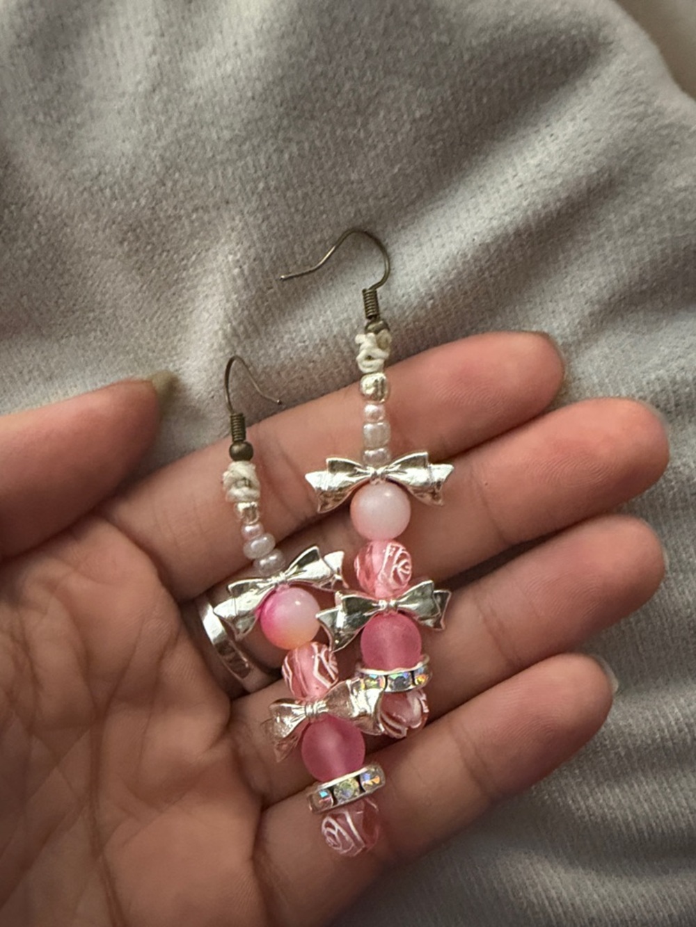 Handmade Pink Bead & Bow Drop Earrings
